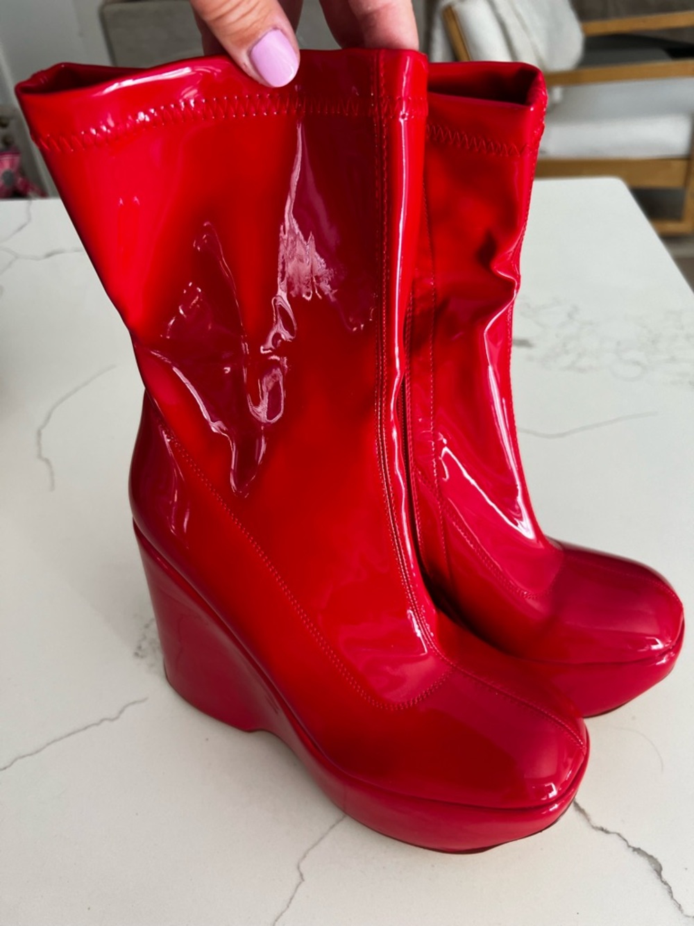 Bold Red Patent Platform Wedge Ankle Boots - Picture 6 of 11